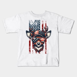 American Flag with Deer Wearing Sunglass Kids T-Shirt